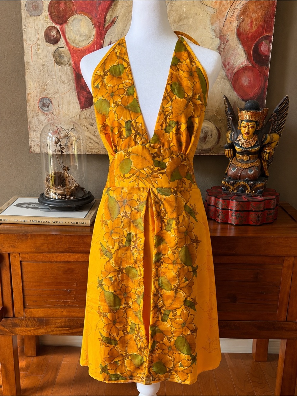 Golden Floral Halter Sundress Smocked Back Resort Vacation Dress XS/S